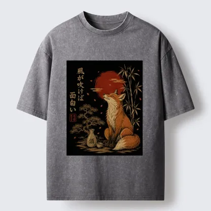 Tokyo-Tiger Zen Fox Enjoying The Night Air Washed T-Shirt