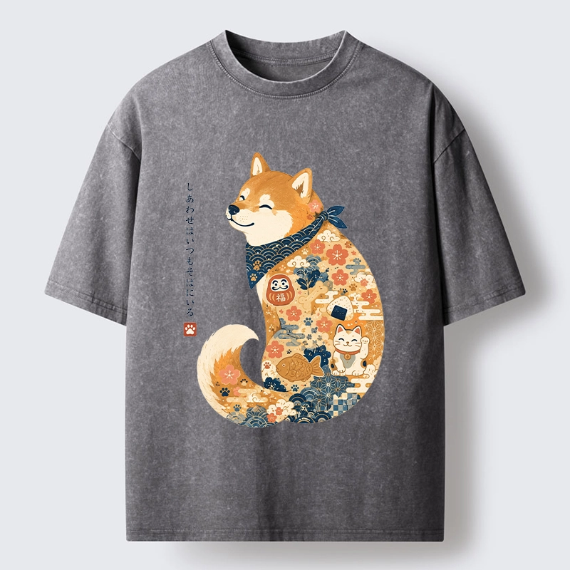 Tokyo-Tiger Cute Shiba Inu Wearing Traditional Kimono Washed T-Shirt