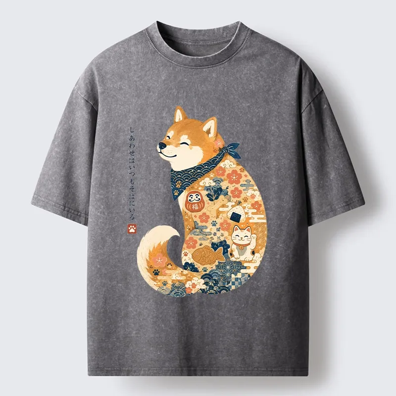 Tokyo-Tiger Cute Shiba Inu Wearing Traditional Kimono Washed T-Shirt
