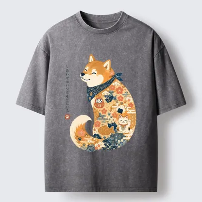 Tokyo-Tiger Cute Shiba Inu Wearing Traditional Kimono Washed T-Shirt
