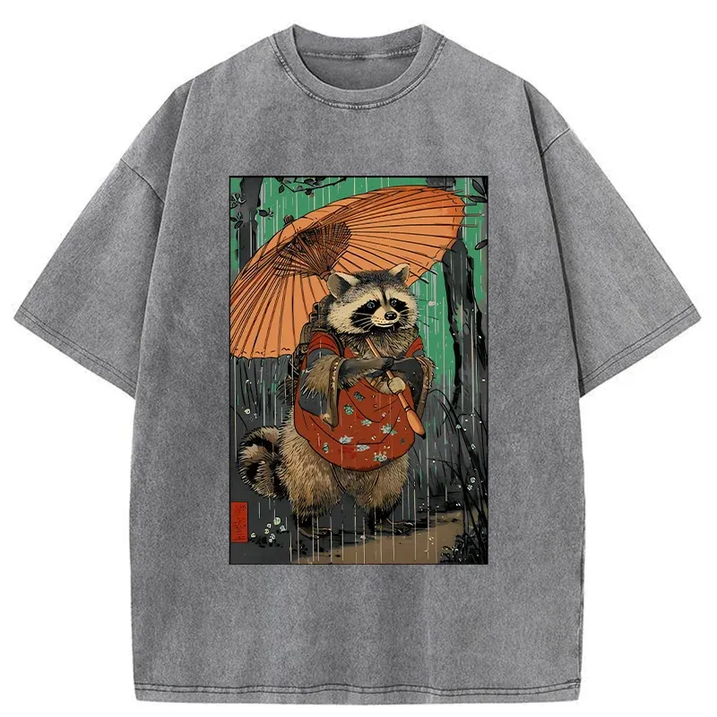 Tokyo-Tiger Cute Raccoon Japanese Washed T-Shirt