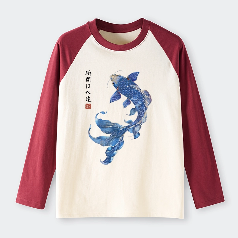 Tokyo-Tiger Lucky Blue Koi Fish Art Raglan Long Sleeve T-shirt