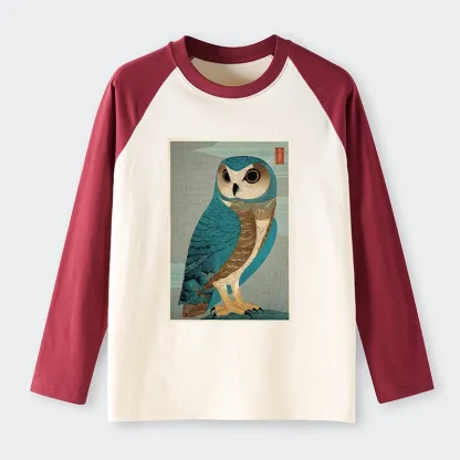 Tokyo-Tiger Vintage Owl Woodblock Art Raglan Long Sleeve T-shirt