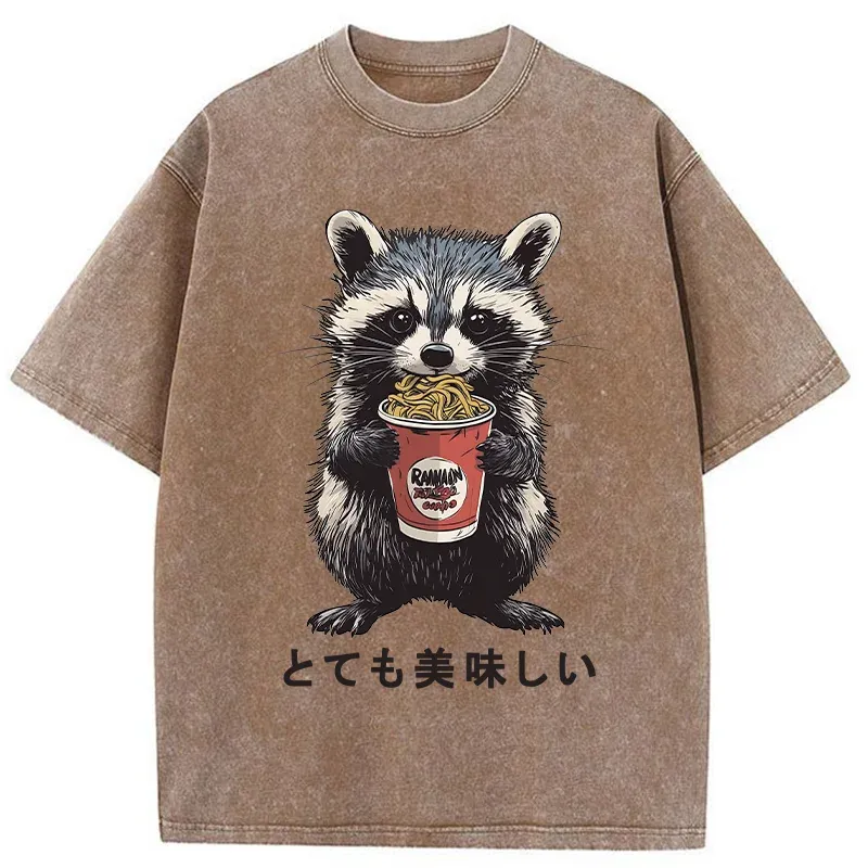 Tokyo-Tiger Cute Raccoon Eating Ramen Washed T-Shirt