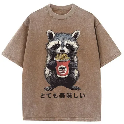 Tokyo-Tiger Cute Raccoon Eating Ramen Washed T-Shirt