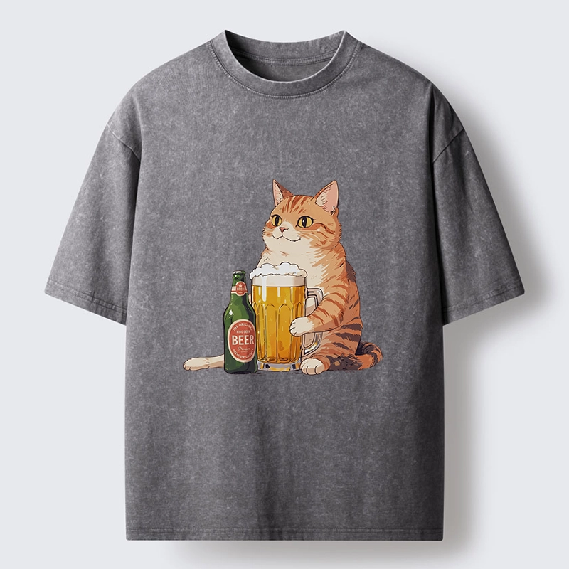 Tokyo-Tiger Funny Beer Cat After Work Washed T-Shirt