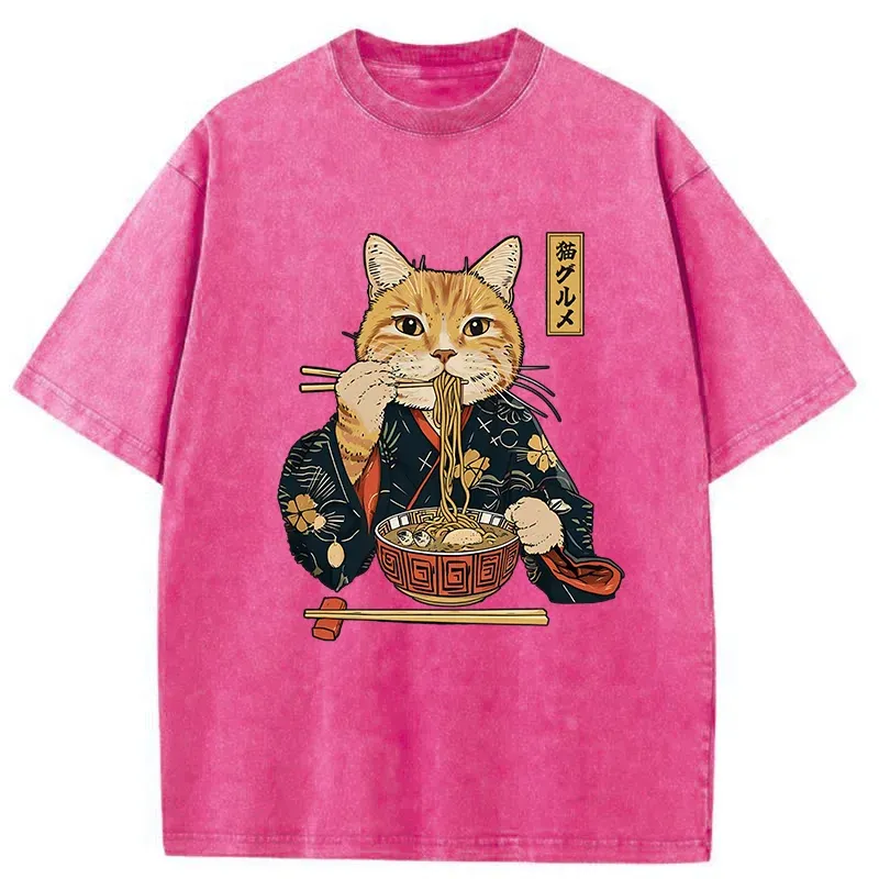Tokyo-Tiger Elegant Cat Eating Ramen Washed T-Shirt