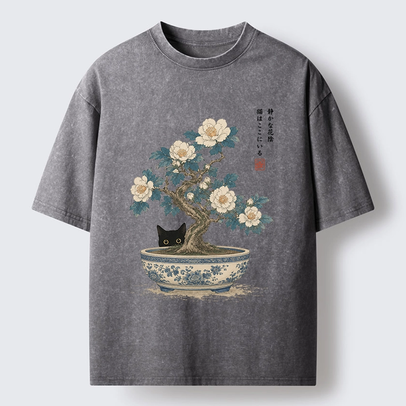 Tokyo-Tiger Black Cat Hiding In The Bonsai Washed T-Shirt