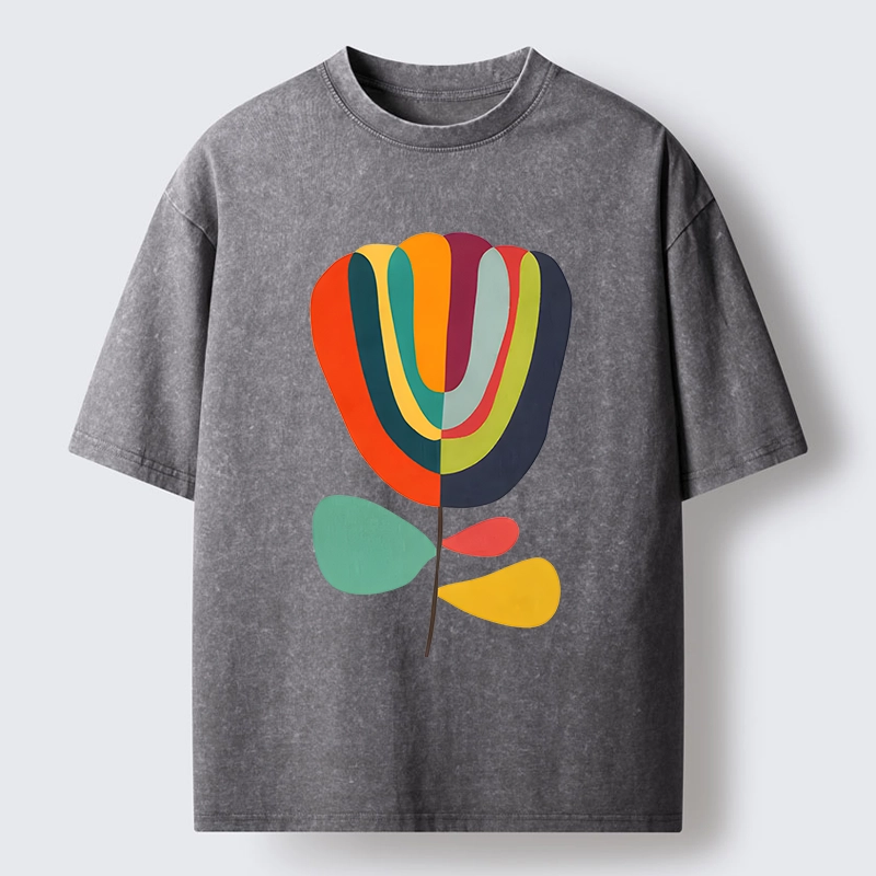 Tokyo-Tiger Colorful Flower Minimalist Print Washed T-Shirt