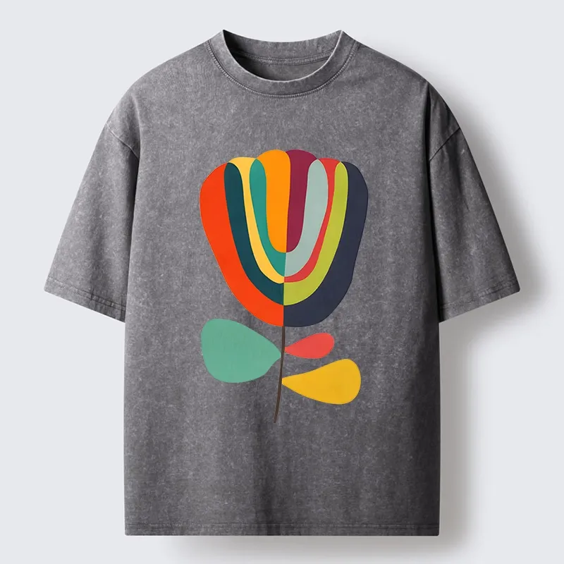 Tokyo-Tiger Colorful Flower Minimalist Print Washed T-Shirt