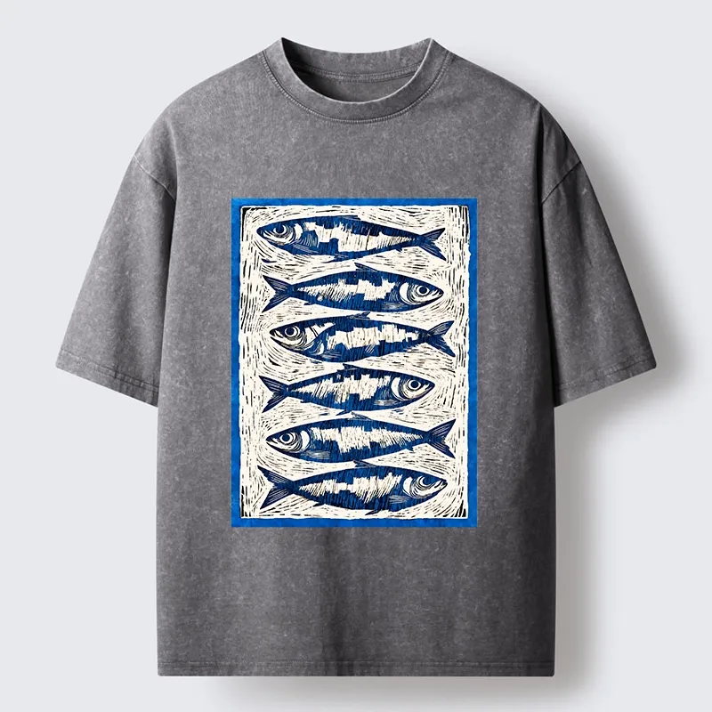Tokyo-Tiger Vintage Block Print Ocean Fish Washed T-Shirt