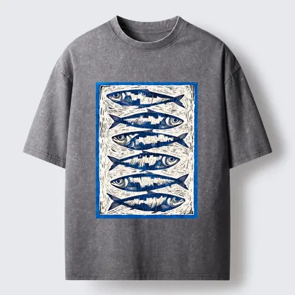 Tokyo-Tiger Vintage Block Print Ocean Fish Washed T-Shirt