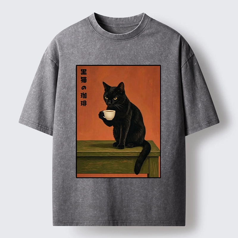 Tokyo-Tiger Retro Art Cat Sips Warm Coffee Washed T-Shirt