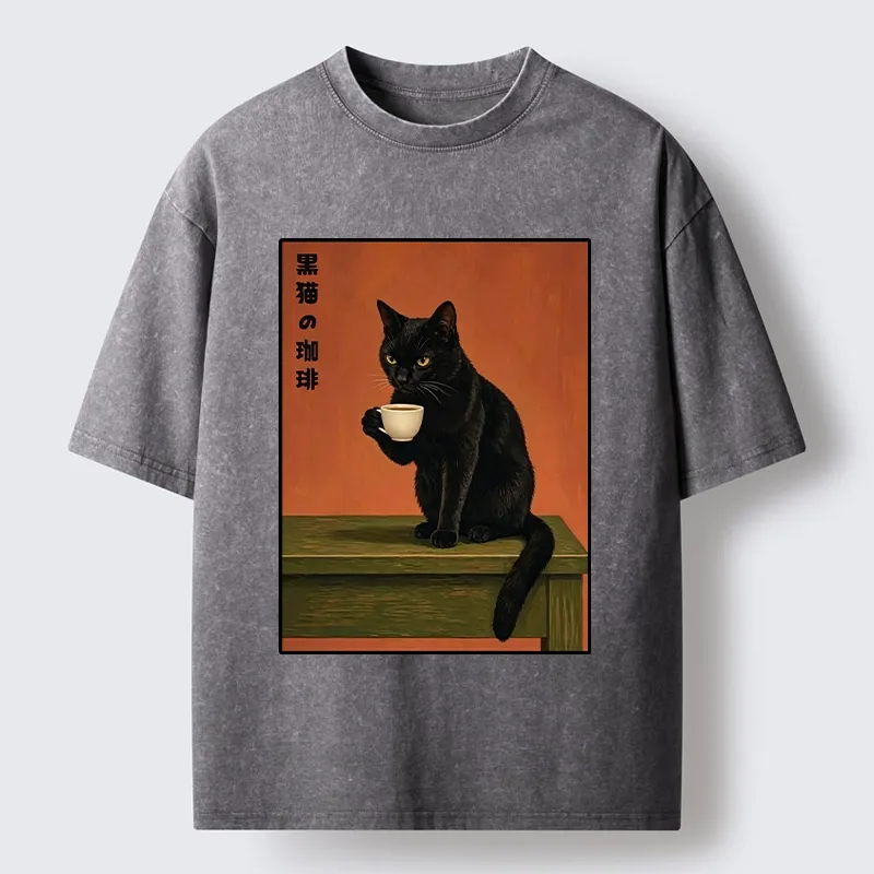 Tokyo-Tiger Retro Art Cat Sips Warm Coffee Washed T-Shirt Sale