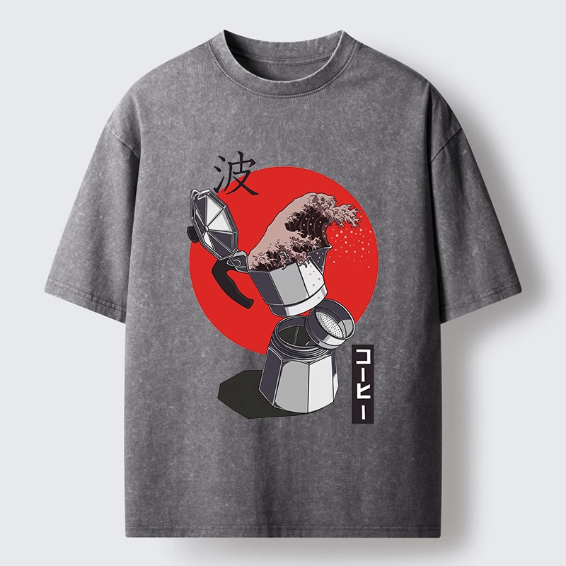 Tokyo-Tiger Coffee Wave Pours From Moka Pot Washed T-Shirt