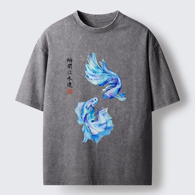 Tokyo-Tiger Japanese Watercolor Pair Betta Fish Washed T-Shirt