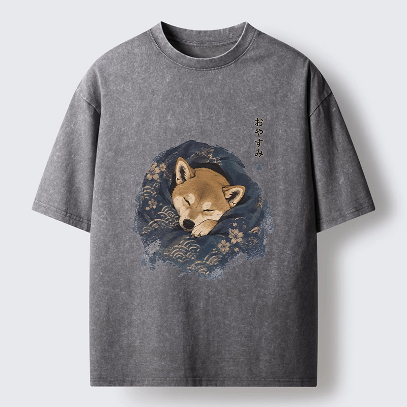 Tokyo-Tiger Sleepy Shiba Hides In Warm Quilt Washed T-Shirt