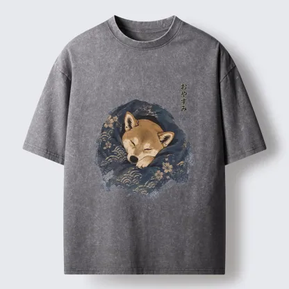 Tokyo-Tiger Sleepy Shiba Hides In Warm Quilt Washed T-Shirt