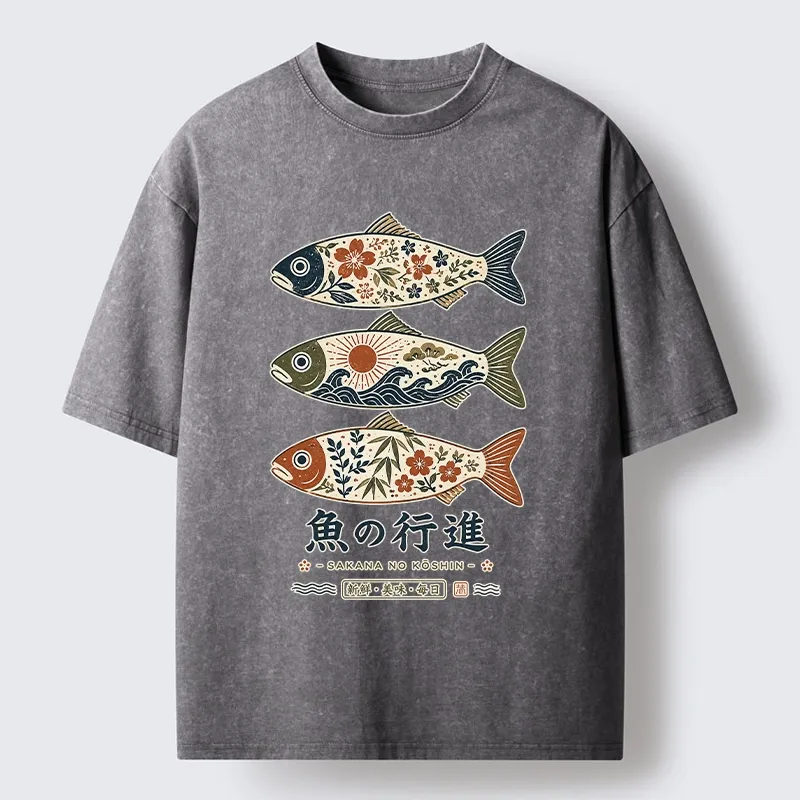 Tokyo-Tiger Sakura Waves Decorate Three Fish Washed T-Shirt