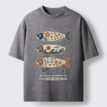 Tokyo-Tiger Sakura Waves Decorate Three Fish Washed T-Shirt