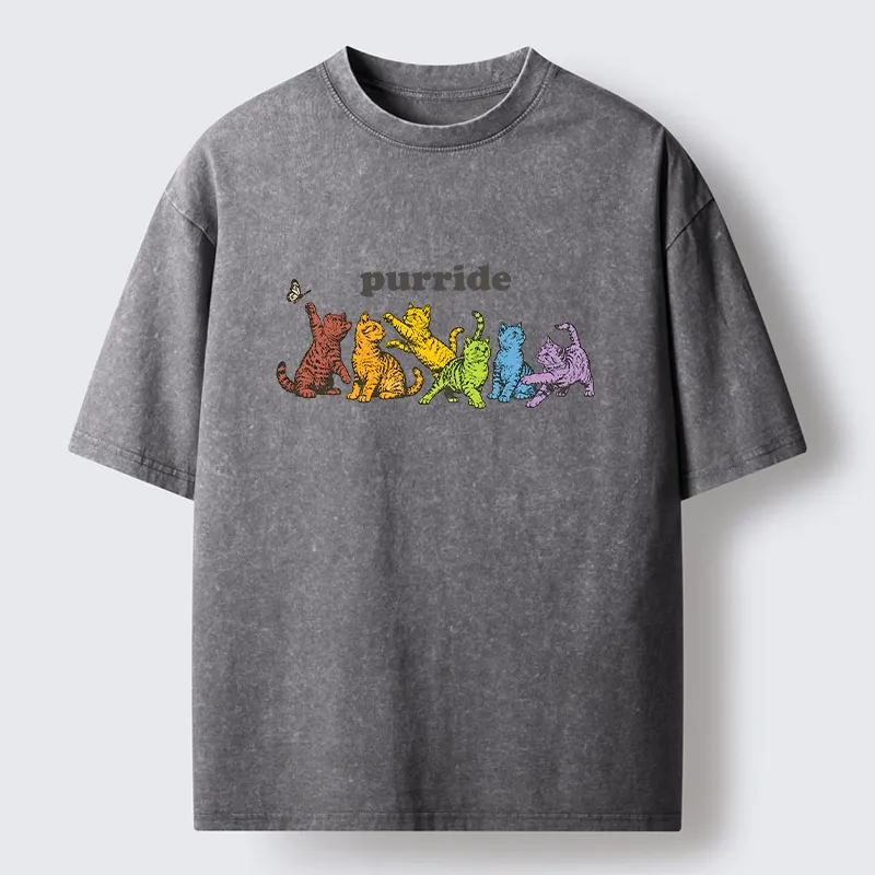 Tokyo-Tiger Rainbow Kittens Reach For Flying Butterfly Washed T-Shirt