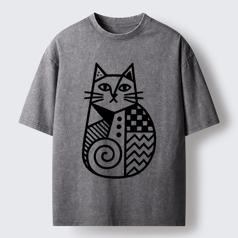 Tokyo-Tiger Simple Folk Art Patterned Cat Washed T-Shirt