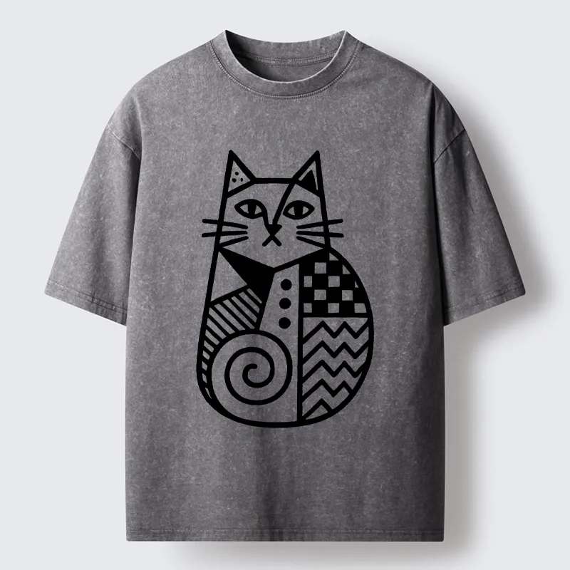Tokyo-Tiger Simple Folk Art Patterned Cat Washed T-Shirt Sale
