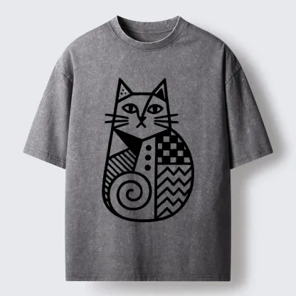 Tokyo-Tiger Simple Folk Art Patterned Cat Washed T-Shirt