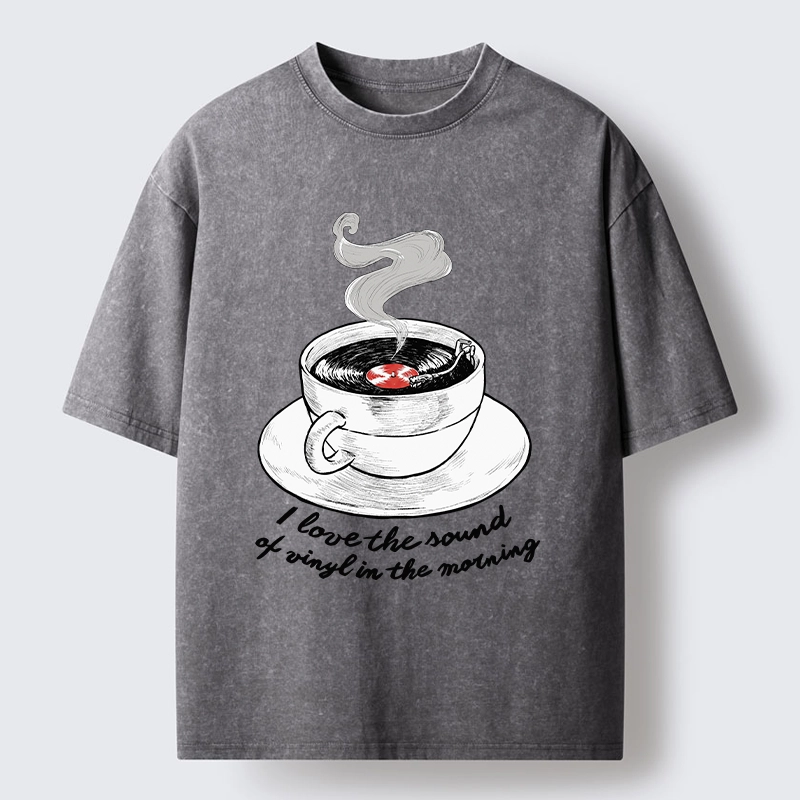 Tokyo-Tiger Coffee Cup Holds Spinning Vinyl Record Washed T-Shirt