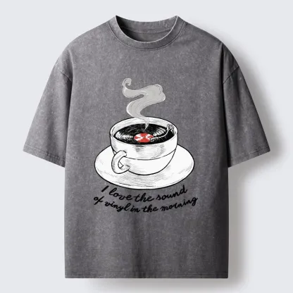 Tokyo-Tiger Coffee Cup Holds Spinning Vinyl Record Washed T-Shirt