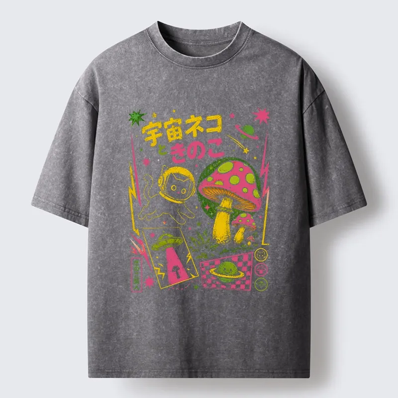 Tokyo-Tiger Space Cat And Magic Mushrooms Washed T-Shirt
