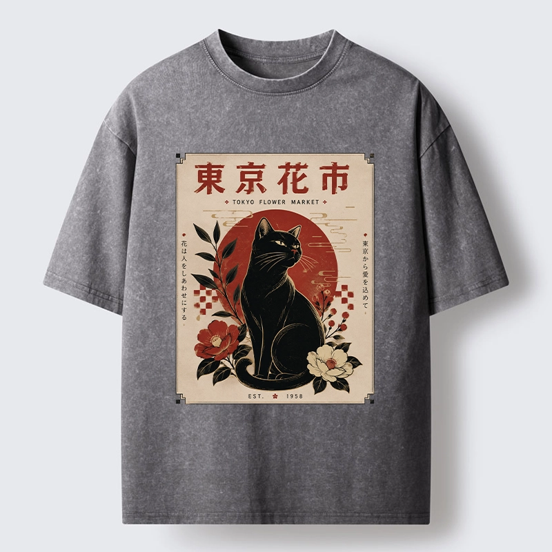 Tokyo-Tiger Tokyo Flower Market Cat Washed T-Shirt