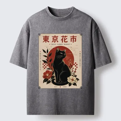 Tokyo-Tiger Tokyo Flower Market Cat Washed T-Shirt