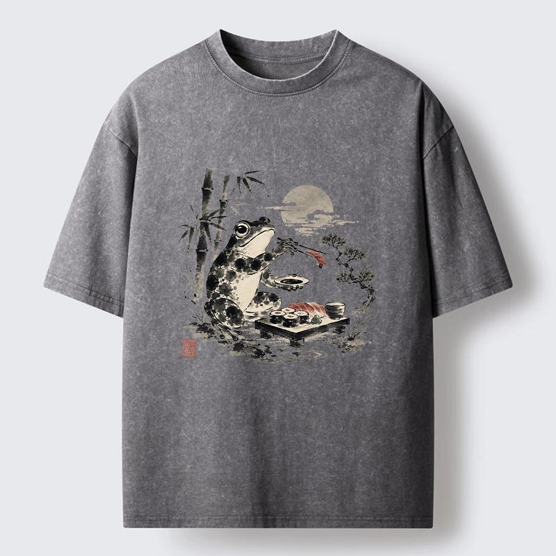 Tokyo-Tiger Frog Eating Sushi At Nigh Washed T-Shirt