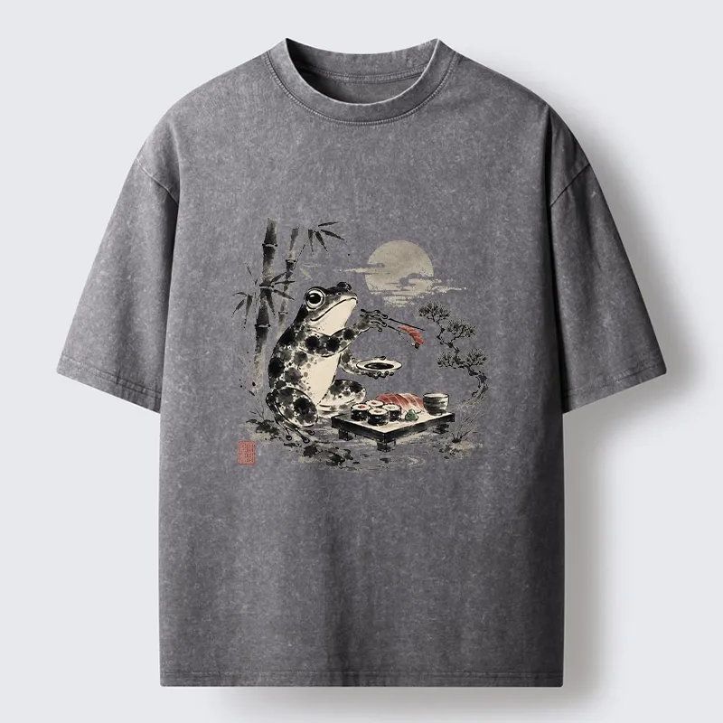 Tokyo-Tiger Frog Eating Sushi At Nigh Washed T-Shirt