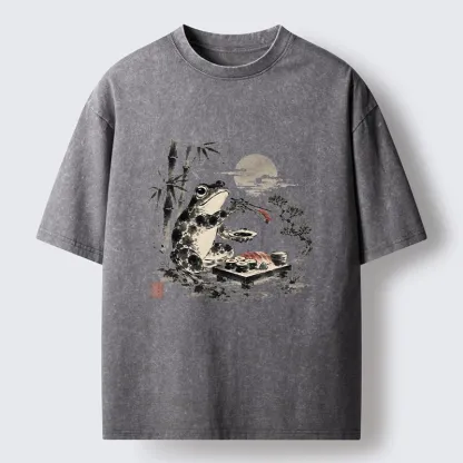 Tokyo-Tiger Frog Eating Sushi At Nigh Washed T-Shirt