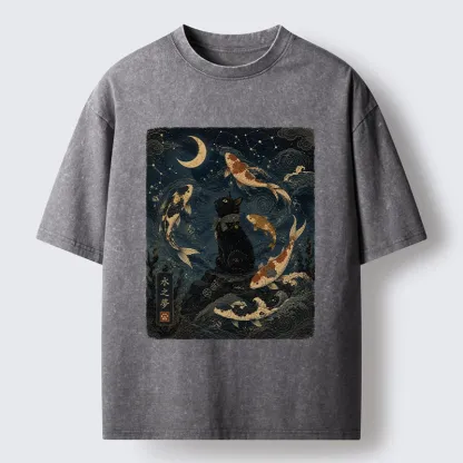 Tokyo-Tiger Black Cat And Koi Fish Washed T-Shirt