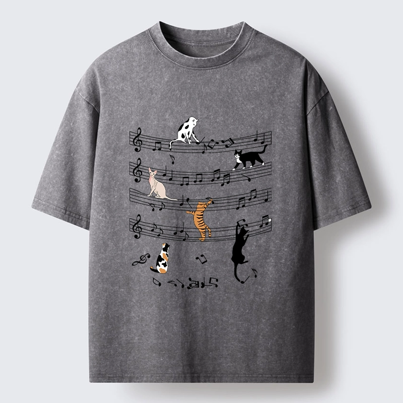 Tokyo-Tiger Cats On Musical Notes Washed T-Shirt