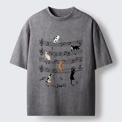 Tokyo-Tiger Cats On Musical Notes Washed T-Shirt