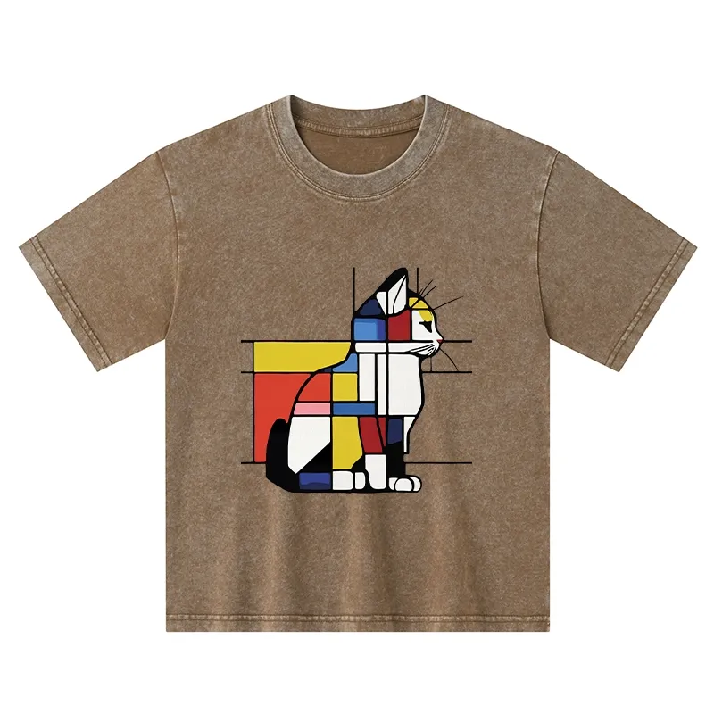 Tokyo-Tiger Geometric Cat Art In Primary Colors Kids Washed T-Shirt