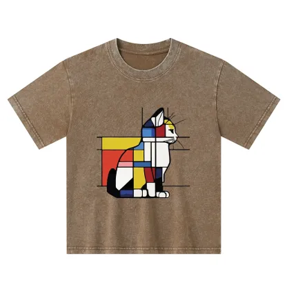 Tokyo-Tiger Geometric Cat Art In Primary Colors Kids Washed T-Shirt
