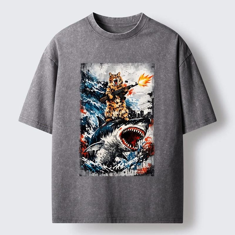 Tokyo-Tiger Cat Riding A Shark With A Gun Washed T-Shirt