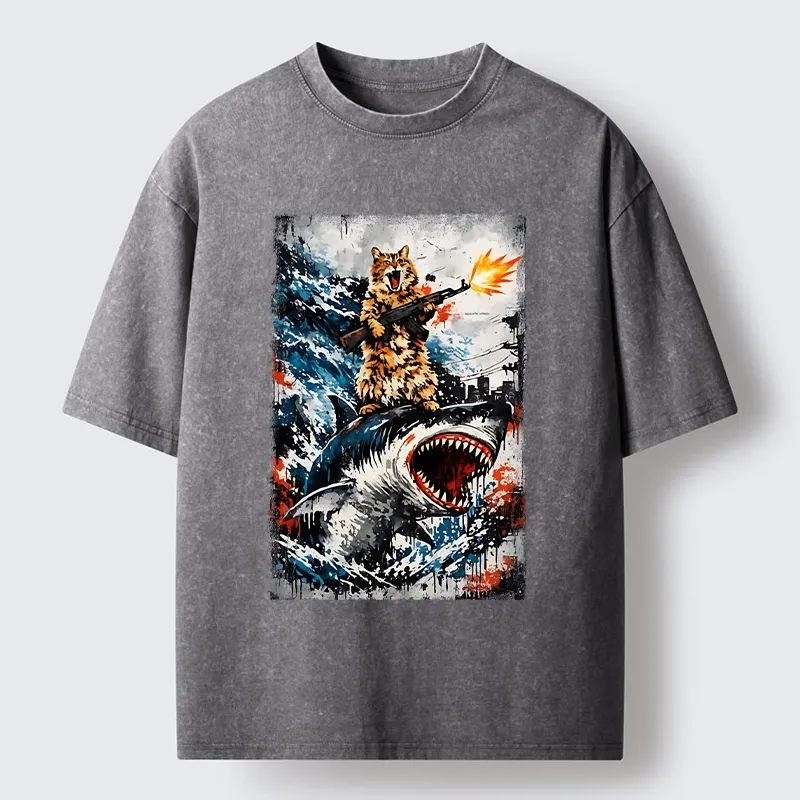 Tokyo-Tiger Cat Riding A Shark With A Gun Washed T-Shirt