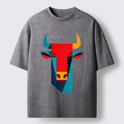 Tokyo-Tiger Geometric Bull Head Art Washed T-Shirt