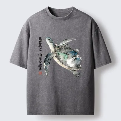 Tokyo-Tiger Ink Wash Sea Turtle Art Washed T-Shirt