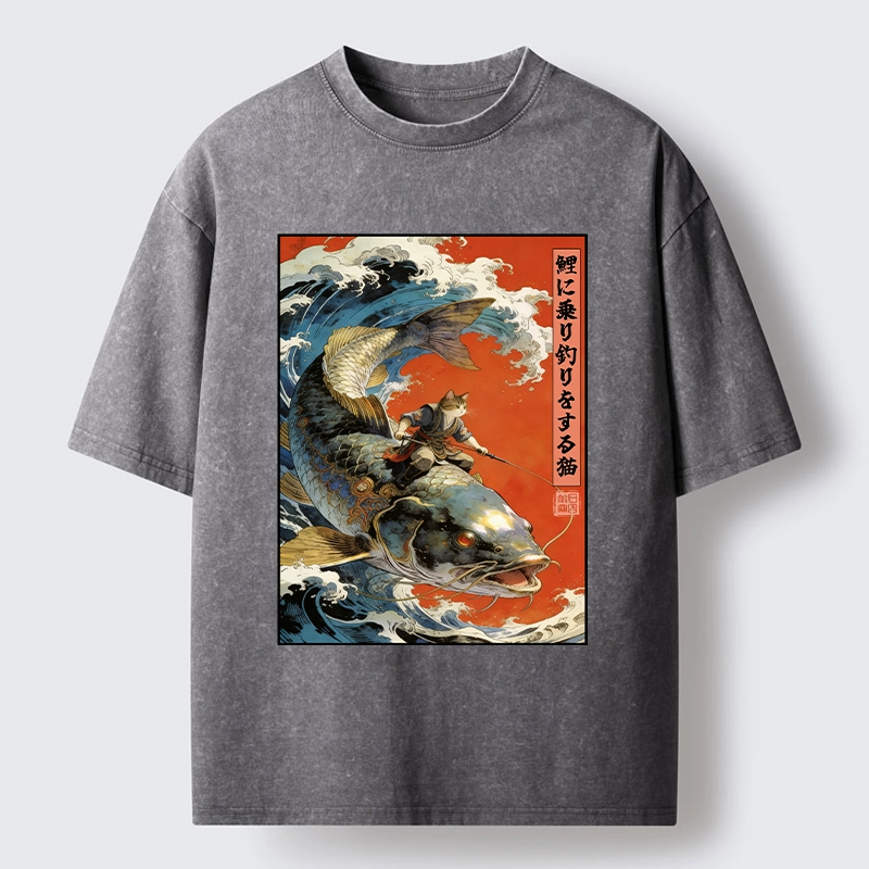 Tokyo-Tiger Ukiyo E Cat Fishing Art Washed T-Shirt