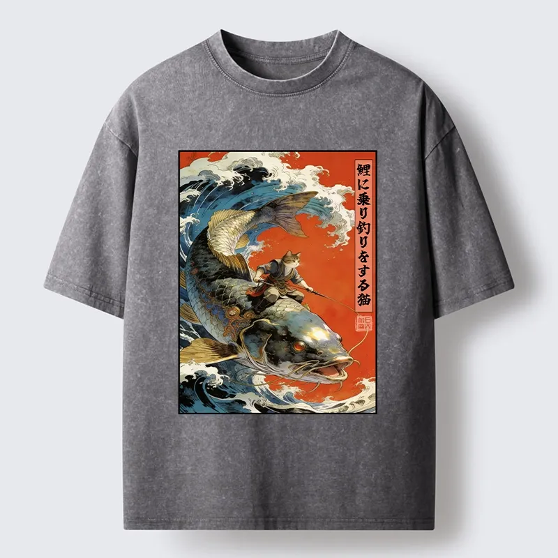 Tokyo-Tiger Ukiyo E Cat Fishing Art Washed T-Shirt