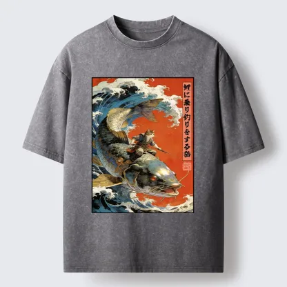 Tokyo-Tiger Ukiyo E Cat Fishing Art Washed T-Shirt