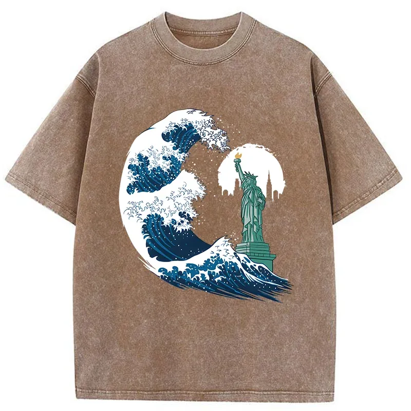 Tokyo-Tiger Waves And The Statue Of Liberty Washed T-Shirt