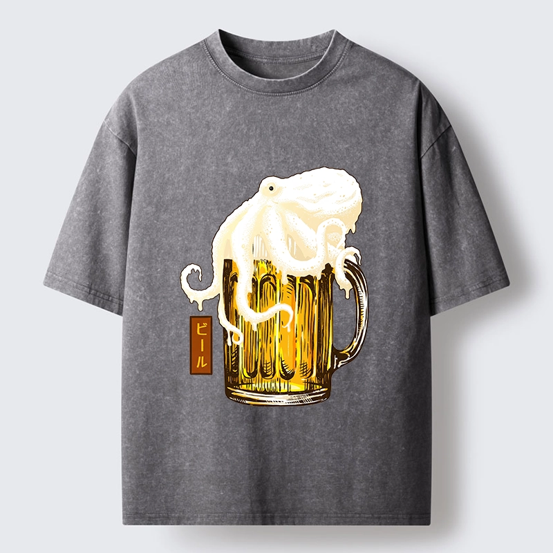 Tokyo-Tiger Octopus Foam On Cold Beer Mug Washed T-Shirt